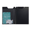 Black folder with a clear front pocket containing a promotional flyer on a white background
