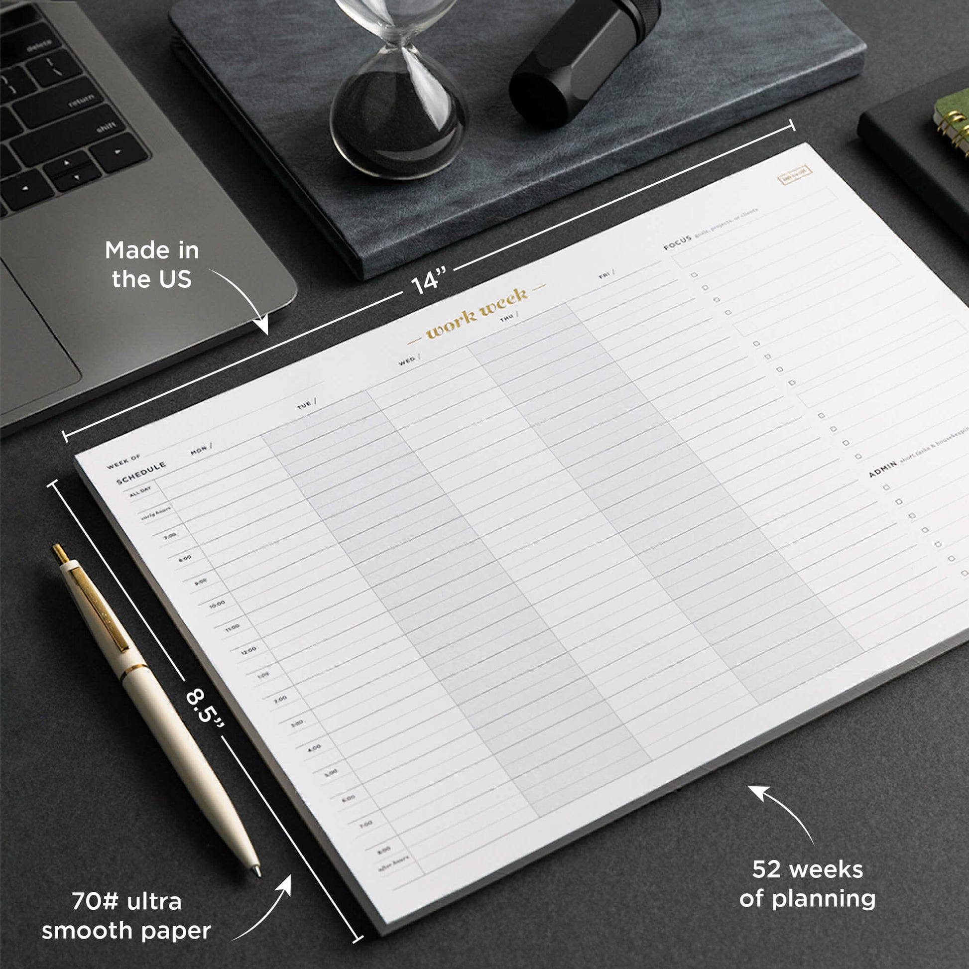 ink and volt work week deskpad with spec callouts