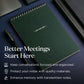 Green notebook with a pen on a dark surface, featuring text about better meetings and quality materials.