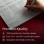 Hand writing on a notebook with text about premium quality and sustainability.