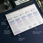 Planner with daily task list, weekly overview, habit tracker, and notes space on a desk.