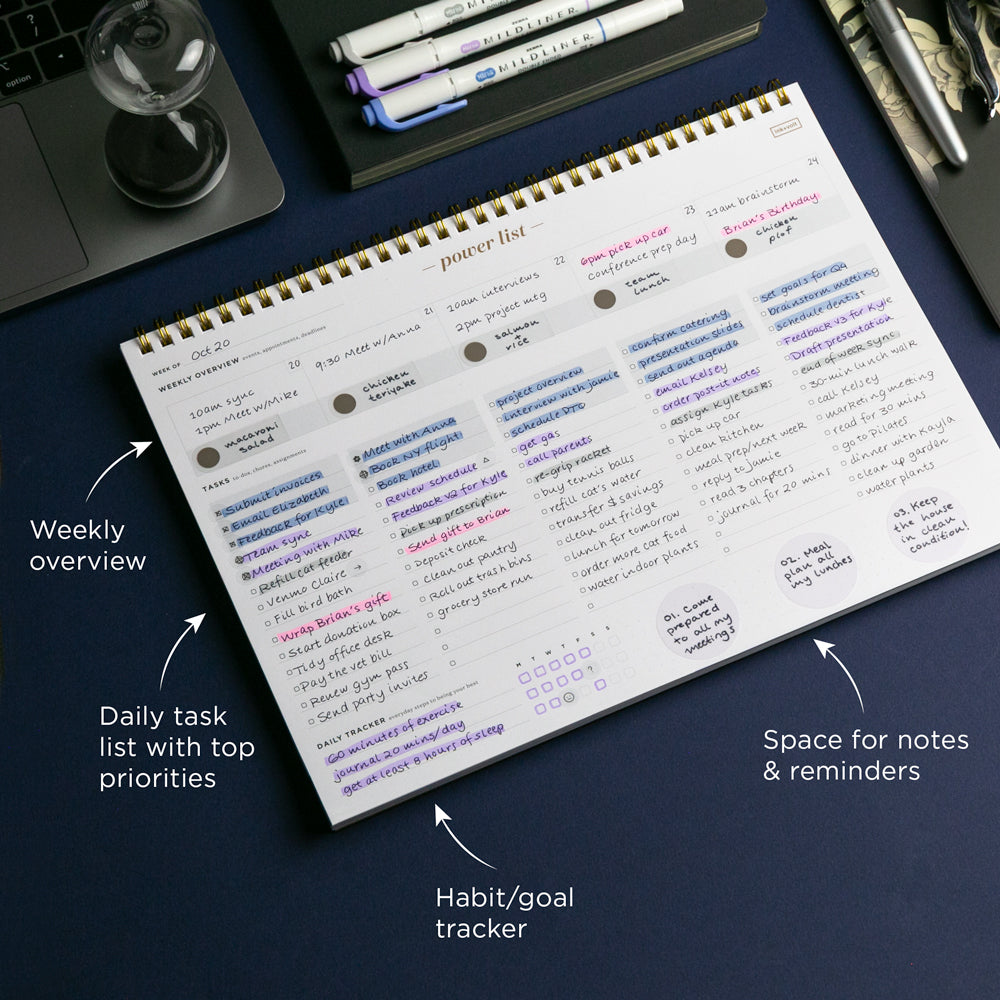 Planner with daily task list, weekly overview, habit tracker, and notes space on a desk.