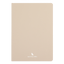 Beige notebook with a brand logo on a black background