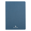 Blue notebook with a white logo on a black background